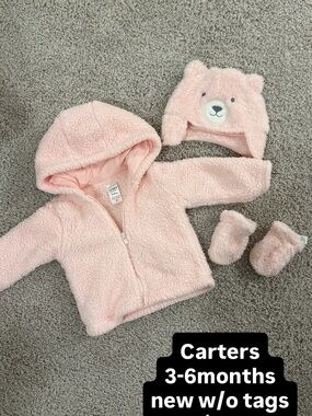 Carter's Light Pink Sherpa Jacket, Bear Hat & Mittens Set